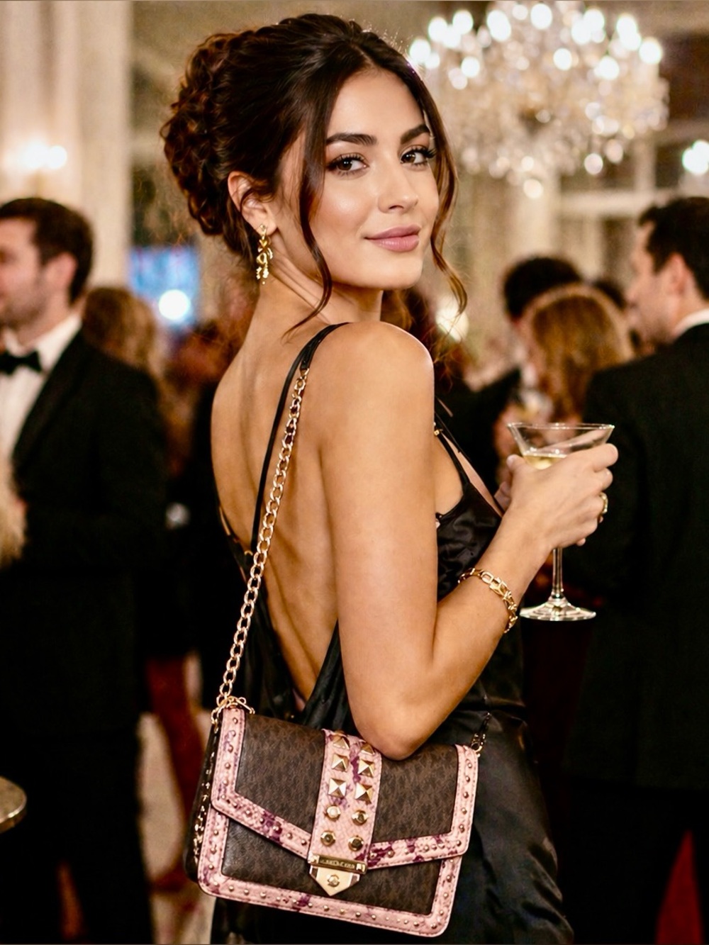 Michael Kors Black and Pink Crossbody Bag with Gold Accents